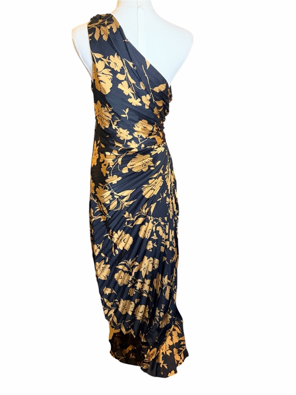 VICI One Shoulder Floral Pleated Cutout Maxi Dress Medium Black Gold